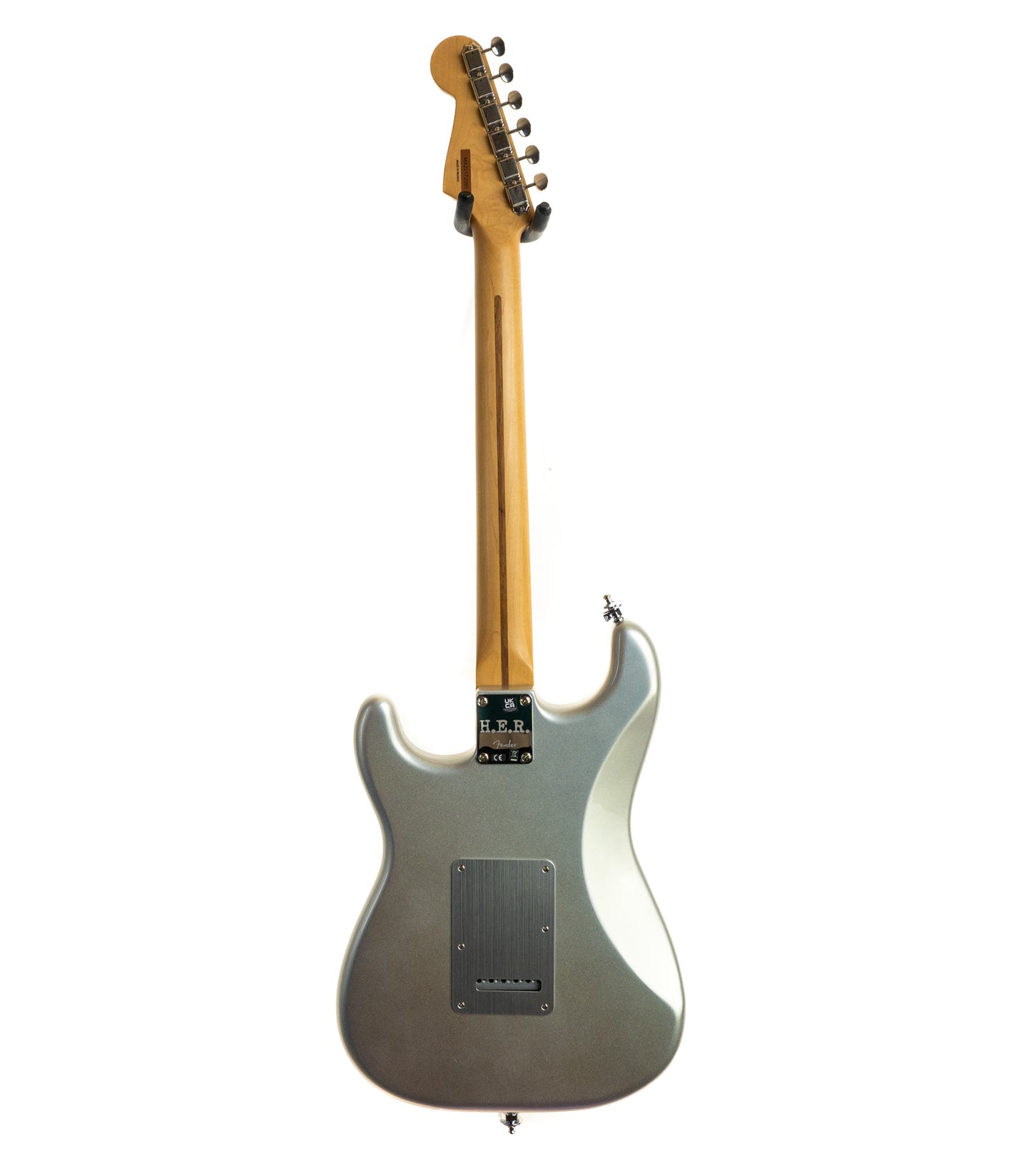 Fender H.E.R. Stratocaster, maple fingerboard, chrome glow, electric guitar with gigbag